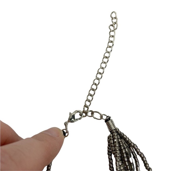 Gunmetal Gray Seed Beaded Multi Stranded Knotted Necklace & Earrings Set - Picture 5 of 6